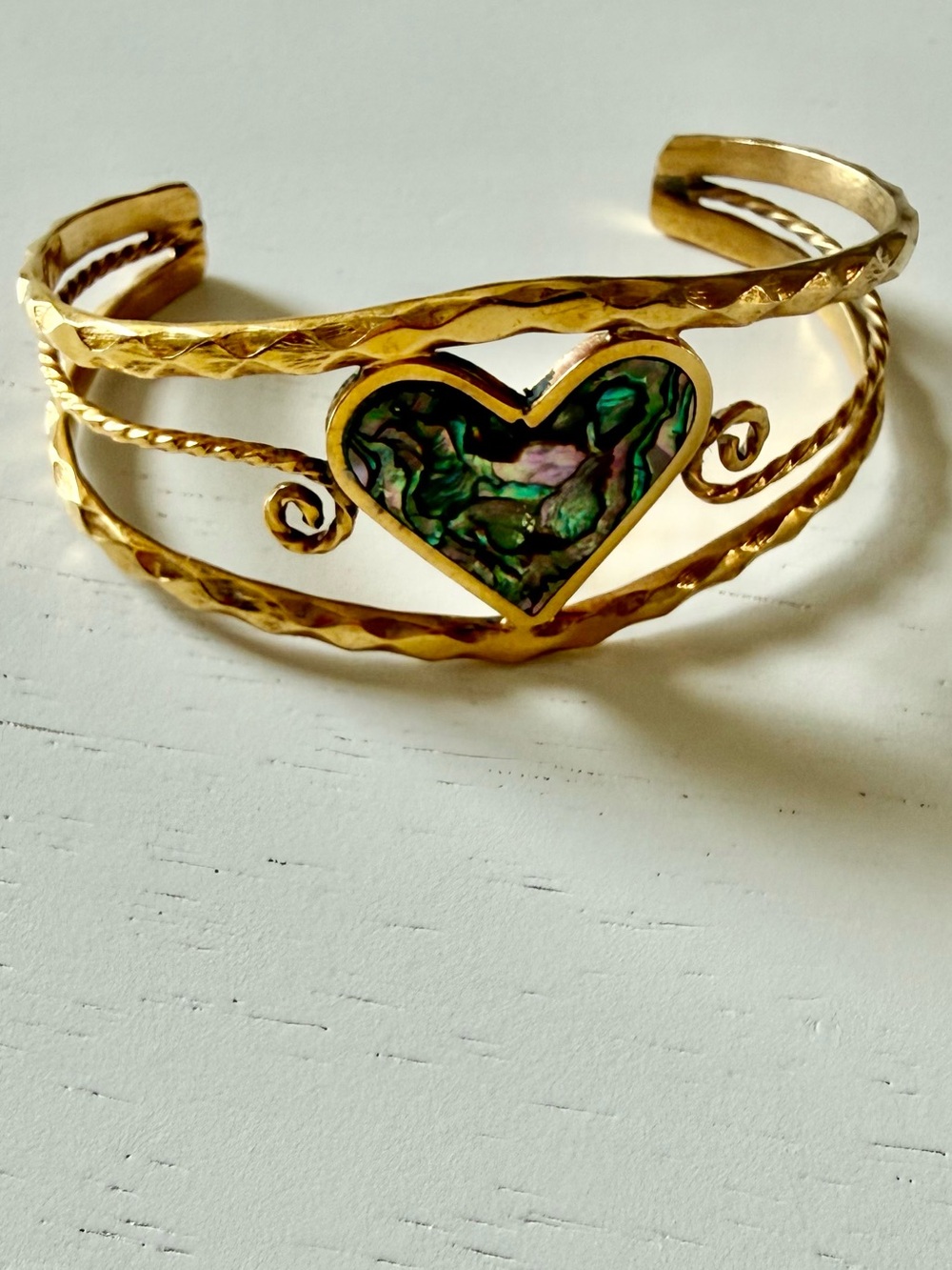Alpaca Mexico Abalone Heart Cuff Bracelet Gold Tone Adjustable